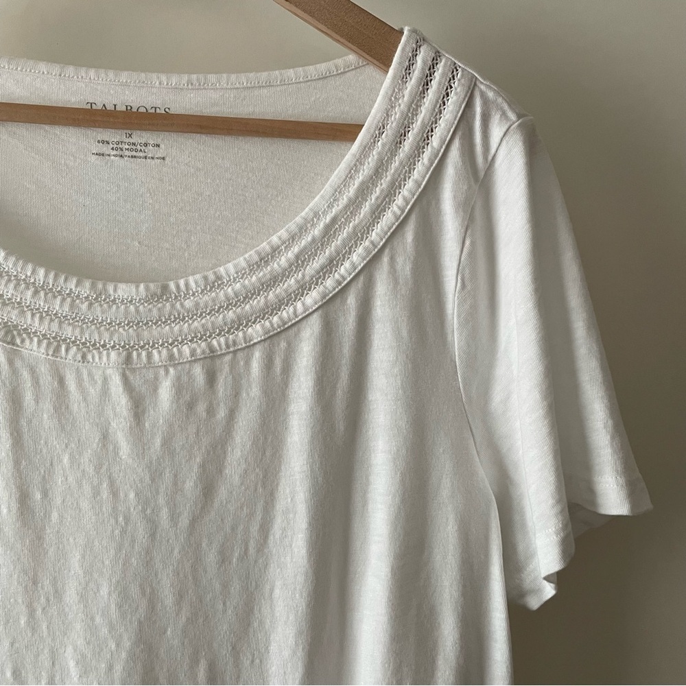 Talbots White Short Sleeve Tee Cotton/Modal Slub Knit Stitched Neckline Size 1X